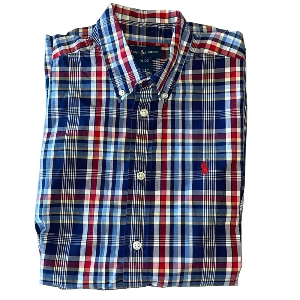 Ralph Lauren Kids XL Blue Plaid Short Sleeve Button Down Shirt